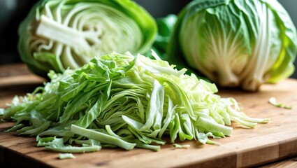 Sliced Chinese cabbage on a wooden cutting board