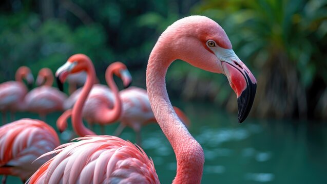 Close-up of a flamingo featuring soft pink feathers in a natural habitat environment. - Powered by Adobe