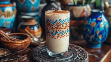 Ornate glass drink, spiced beverage, exotic decor, warm interior
