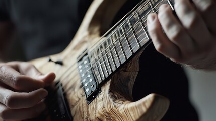 Close-up of Musician Playing Electric Guitar with Wood Grain Finish