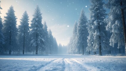 Fototapeta premium Snowy Winter Forest featuring Falling Snowflakes and Frosty Trees Enchanting Background