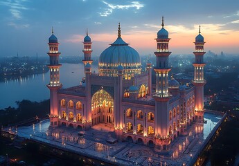Aerial View of Mosque Illuminated at Dusk with Sunset Sky