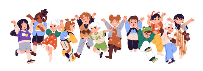 Happy children celebrate together. Group of students jumps for joy, rejoices at win, success, victory. Cute kids are hands up, have fun due summer holidays. Flat isolated vector illustration on white.