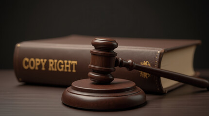 A wooden gavel rests on a polished surface next to a large book titled COPY RIGHT, symbolizing the importance of copyright laws in legal discussions