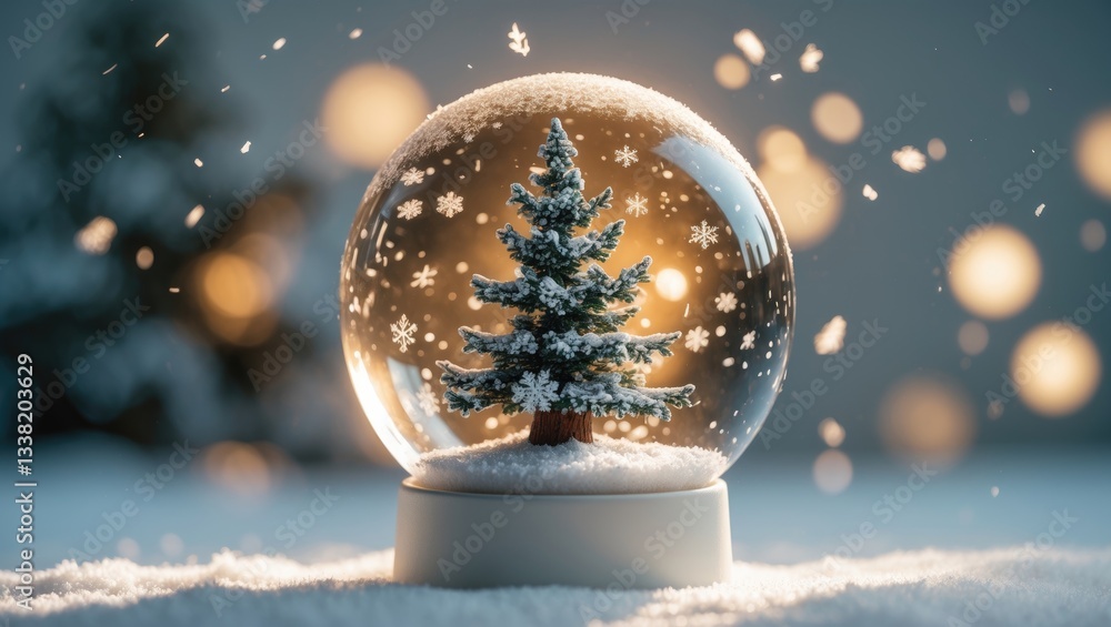 Poster snow globe featuring snowflakes and a tree in isolation.