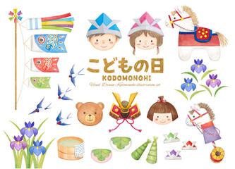 かわいい水彩手書きのこどもの日のカットイラスト素材集