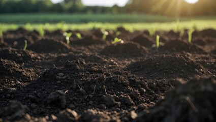 Close-up of dark soil. Agriculture, soil prior to sowing. Fertile land texture.
