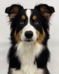 Fototapeta premium A focused Australian Shepherd dog sitting against a neutral background.
