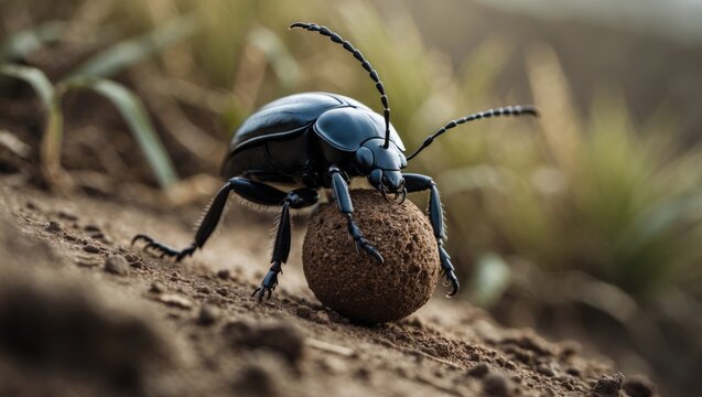 Close-up view of a dung beetle rolling a feces ball up a slope.