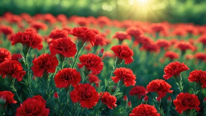 Obraz premium Close-up view of beautiful red carnations blooming in a flower field on a sunny day.