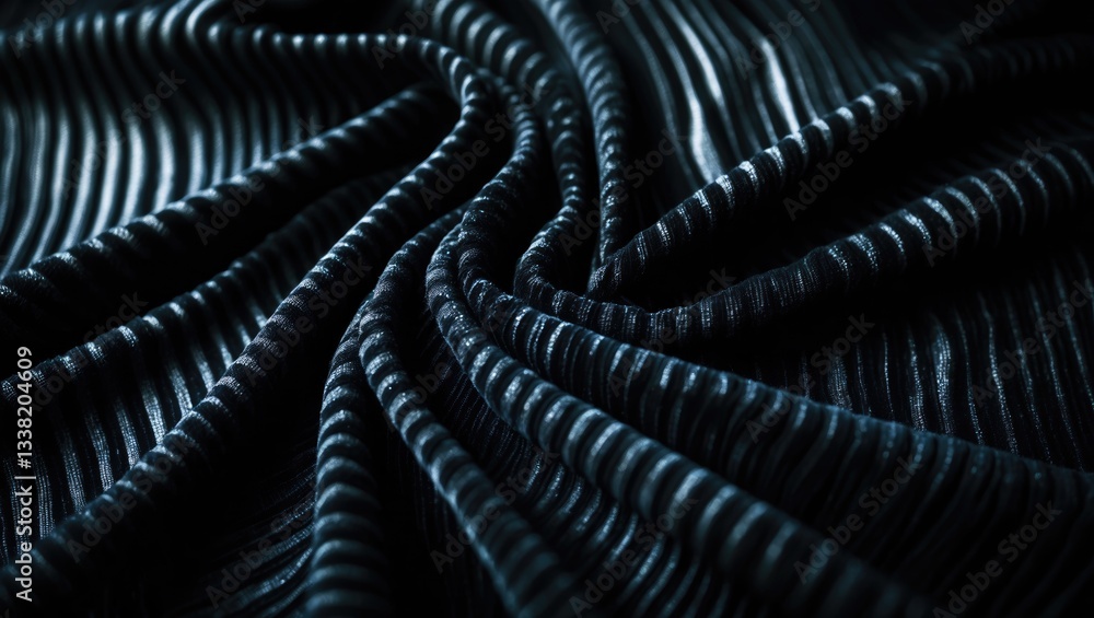 Poster close-up of dark textured fabric featuring a ribbed pattern. gentle, subtle lighting casts shadows t