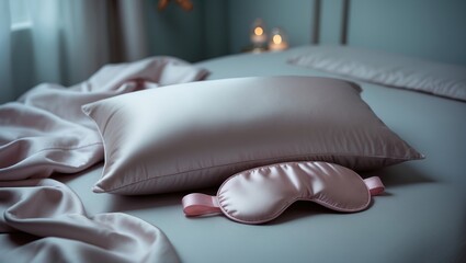 Obraz premium Silk sleep mask and pillow with a soft silk cover for the cushion.