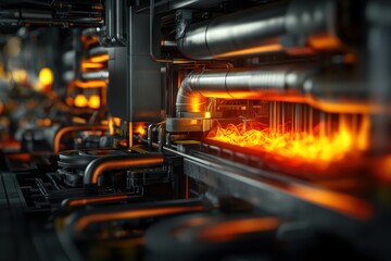 Fototapeta premium Cutaway view of a next-gen manufacturing plant with interconnected heating, ventilation, and water pipes, glowing outlines, ultra-high resolution concept art