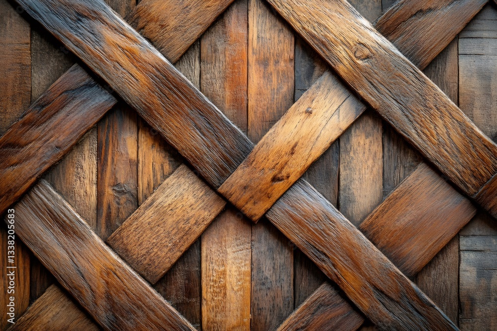 Poster interlaced wooden planks creating a geometric pattern on rustic surface
