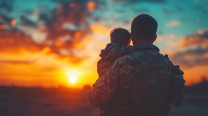 Soldier and child watching sunset reunion