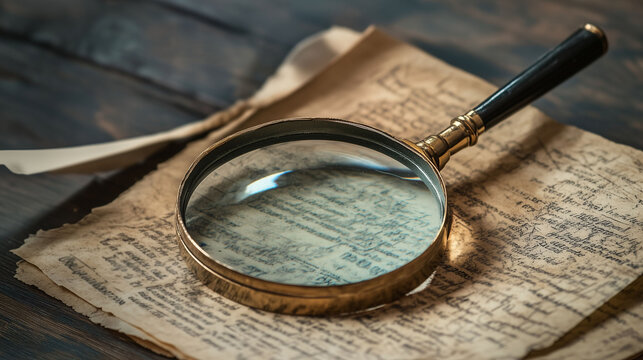 old paper with ancient encrypted language and magnifying glasses, secret adventure and exploration concept