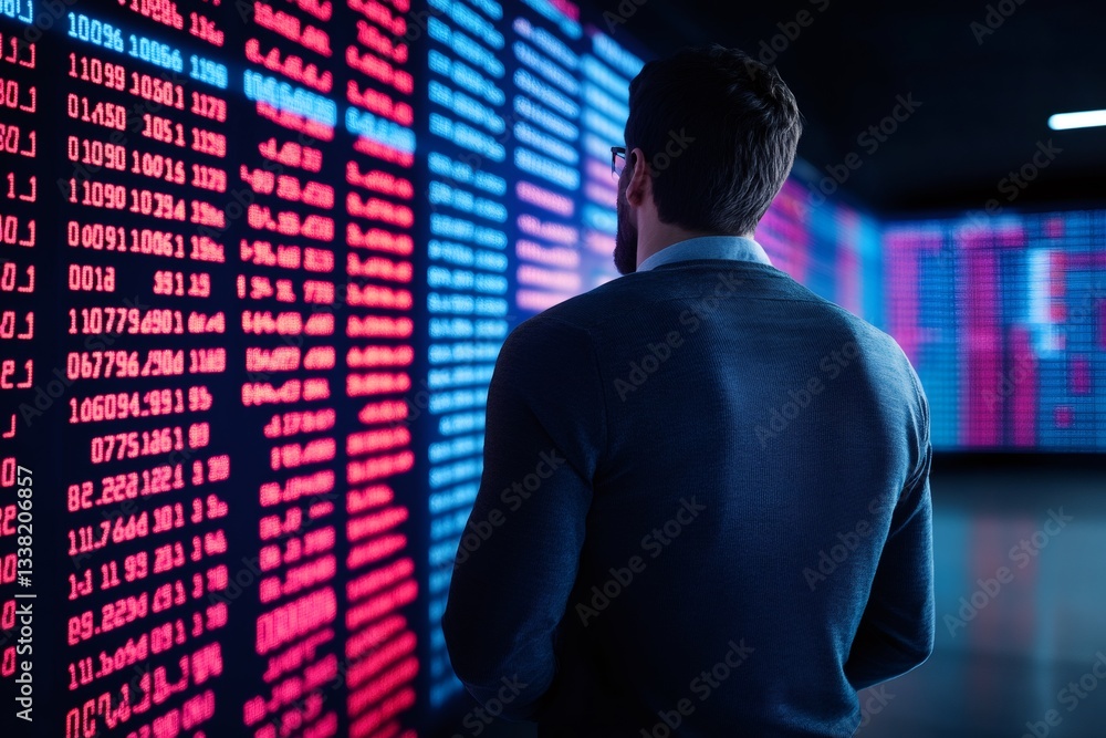 Poster Stockbroker analyzing big data on multiple computer screens in office at night