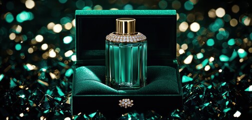 Limited-edition skincare bottle in a velvet jewelry box, surrounded by diamonds, glowing reflections, evoking rare exclusivity and ultra-high-end prestige