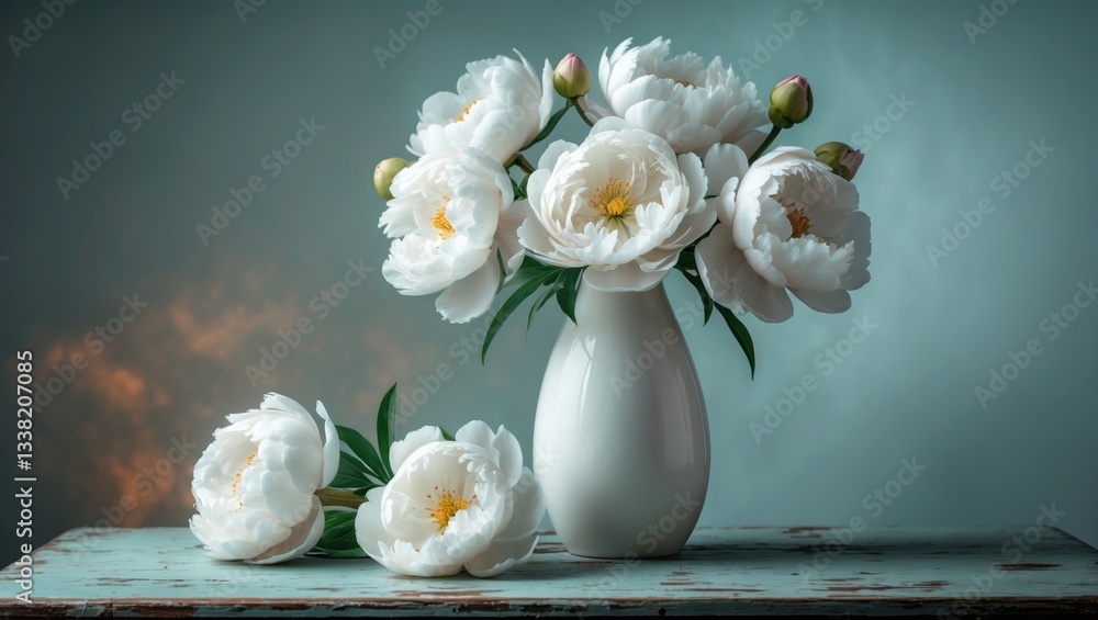 Poster fragrant peonies arranged in a vase on a table with a colorful background, allowing space for text. 