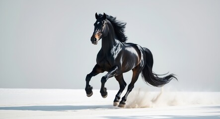 Fototapeta premium Galloping shiny black stallion set against a white background.