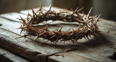 Close-up view of the crown of thorns resting on a wooden table, featuring copy space, suitable for concept.