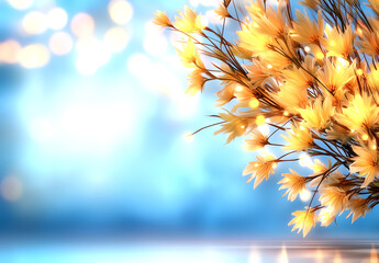 Bouquet of yellow flowers and dry grass on a blue background with bokeh lights, leaving space for text. Bright autumn composition with sunflowers, wheat, grasses, capturing the fall concept