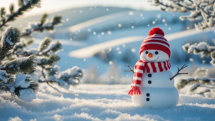 Fototapeta premium Christmas background featuring an adorable snowman and a pine tree branch in the snow. New Year and Christmas festivities in the winter season.
