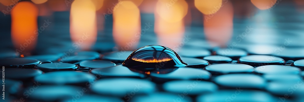 Poster a close-up of a water droplet reflecting warm lights on a textured surface, creating a serene and vi