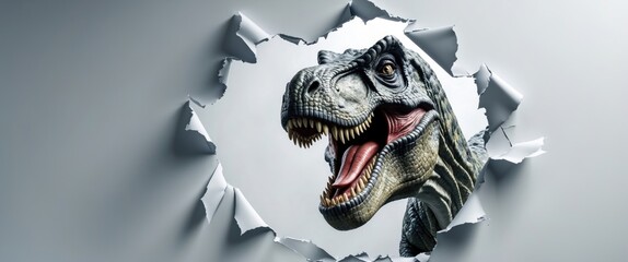 Close-up of a dinosaur seen through a torn paper wall.