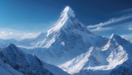 Obraz premium Snowy Mountain Peaks, Vast High-Altitude Mountains Against a Blue Sky, Landscape, Close-Up of Mountains, Snow-Capped Summit