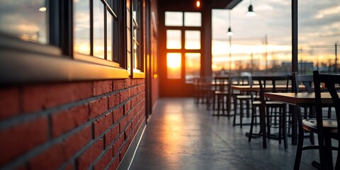 A cozy restaurant interior at sunset, showcasing a brick wall and empty tables, with warm light streaming through large windows.