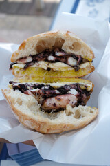 Close up octopus and river prawn in Panini sandwich bun