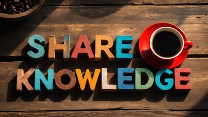 Abstract word "Share knowledge" displayed in vintage wood type accompanied by coffee.
