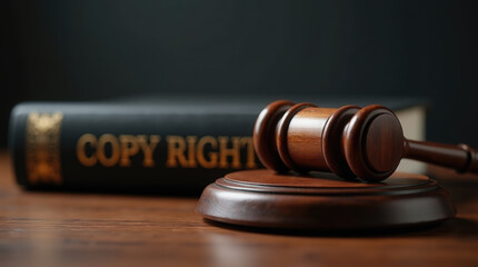 A wooden gavel rests on a round block beside a thick book titled COPYRIGHT. This arrangement highlights the importance of copyright law in protecting creative works and intellectual property