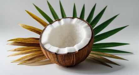 Fresh raw coconut with palm fronds isolated against a white backdrop.