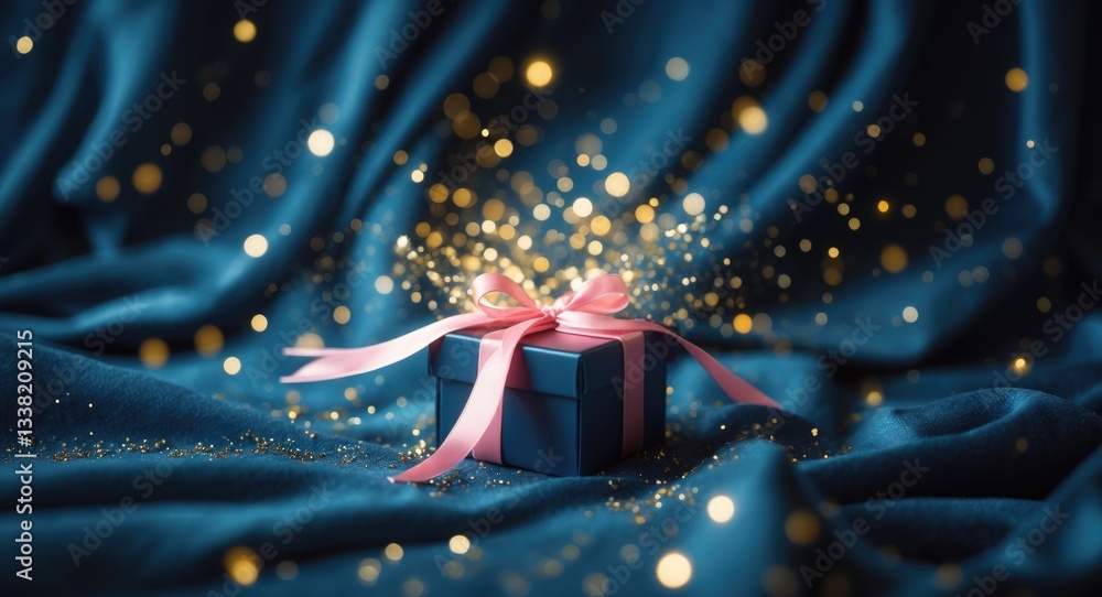 Aufkleber gift box on a dark background with light bokeh. festive backdrop, magical box containing a present. 