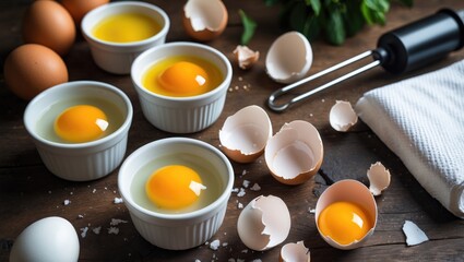 Four Distinct Eggs in Small White Ramekins with Egg Yolks and Egg Whites Displayed Alongside an Egg Separator and Egg Shells on a Wooden Table