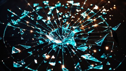 Close-up view of shattered glass on a dark background featuring numerous glass splinters.