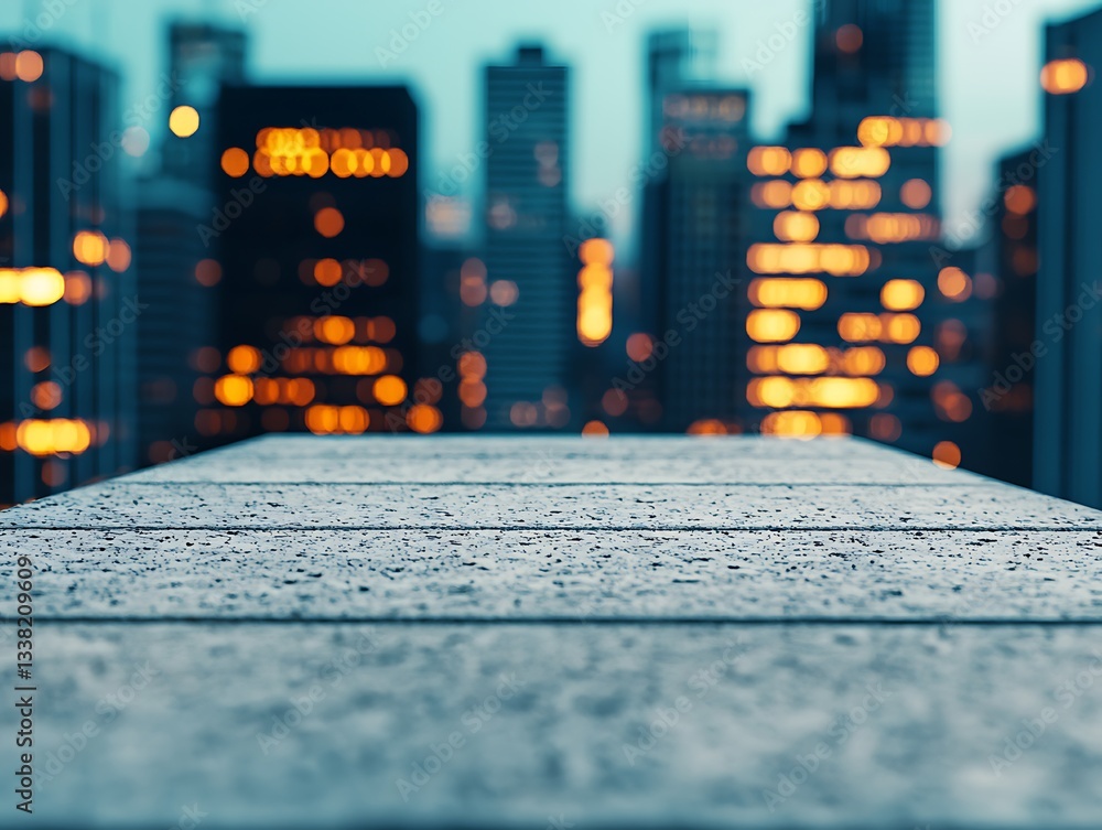 Poster a close-up view of a textured surface leading to a city skyline illuminated by glowing lights, creat