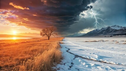 Transition between seasons at a dramatic landscape with contrasting weather conditions