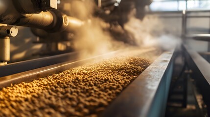 Close-up view of biomass pelletizing process showing raw materials undergoing compacting and steaming for enhanced energy production