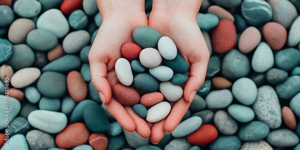 Poster a pair of hands holds a collection of colorful stones above a bed of similar pebbles, creating a ser