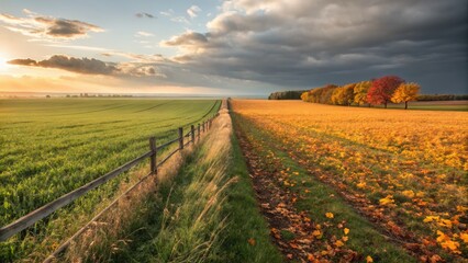 Naklejka premium Beautiful transition of seasons as autumn colors blend with summer greens in rural landscape