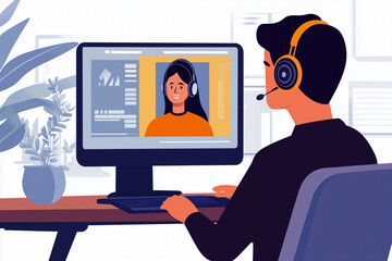 man wearing headphones is talking to a woman on a computer screen. The man is sitting at a desk with a keyboard and a mouse. The woman is smiling