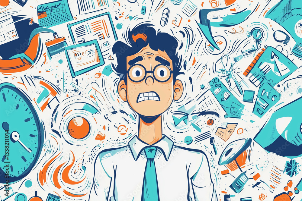 Poster man with a tie and glasses is looking at a clock with the hands on the numbers 3 and 9. the image is
