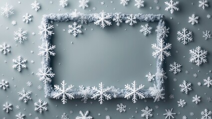 Fototapeta premium Christmas arrangement. Border created from snowflakes on a soft gray backdrop. Winter theme. Flat lay, aerial view, empty space.