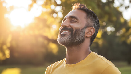 Middle Aged Indian man taking deep breath fresh air with copy space. Relaxation and well-being concept	
