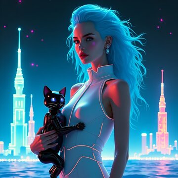Cyber woman with robocat