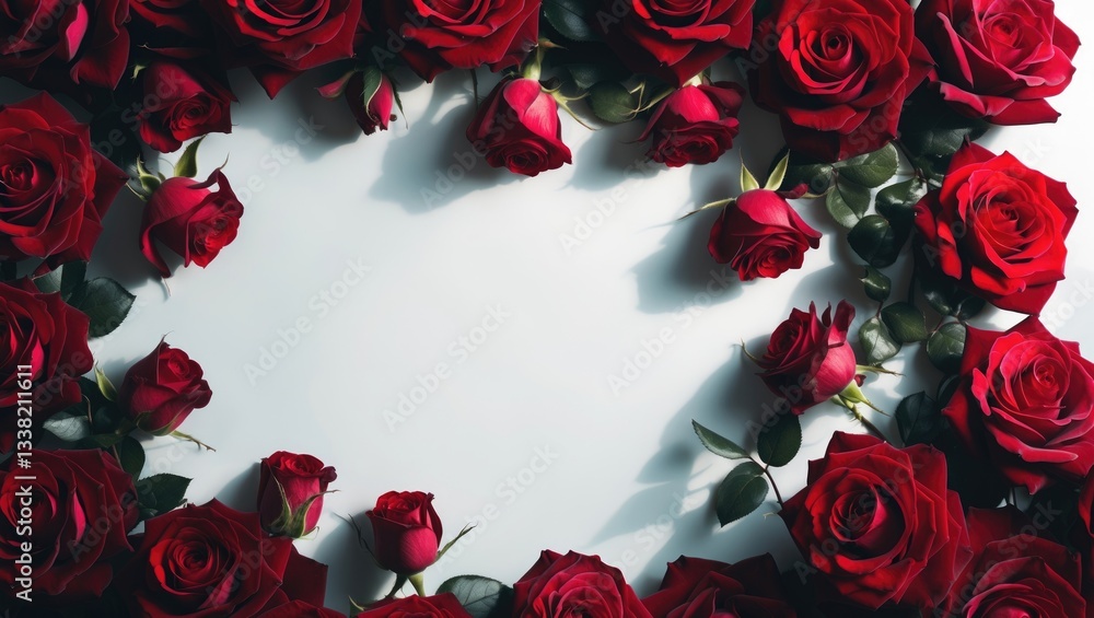 Poster frame created with red roses on a background. view featuring copy space. flat design frame idea.