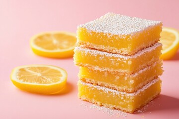 Stack of lemon bars with sugar, fresh lemons on pink backdrop. Perfect image for blogs, recipes and advertising food content.